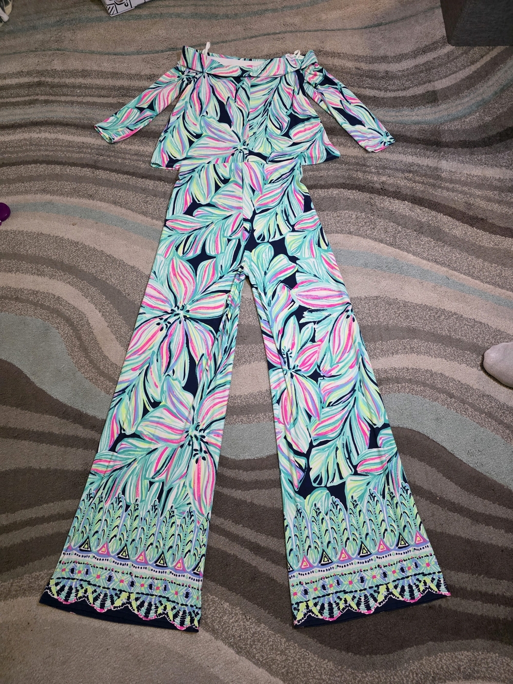 Lilly Pulitzer Navy Multicolor Floral Off-Shoulder Jumpsuit